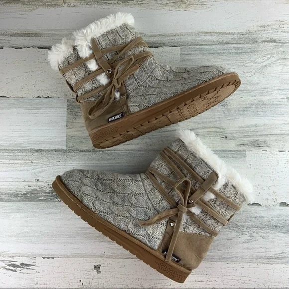 MUK LUKS Tan Grey Sweater Knit Booties Size 11 - Picture 5 of 10